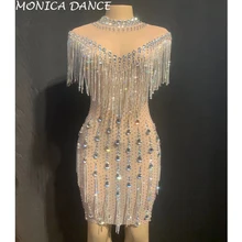 Женское прозрачное Сетчатое платье с блестящими кристаллами и бахромой, женское платье с камнями для празднования дня рождения, платье для бара, ночного клуба, женское платье для танцев