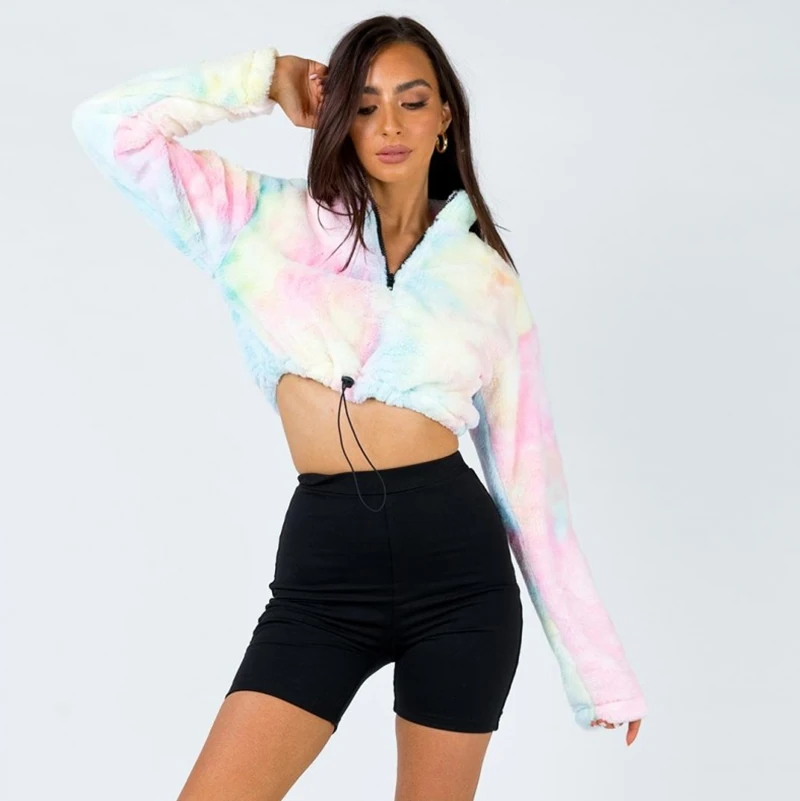 Hugcitar 2019 tie dye long sleeve zipper high neck Faux lambswool crop tops autumn winter women streetwear solid coat jacket