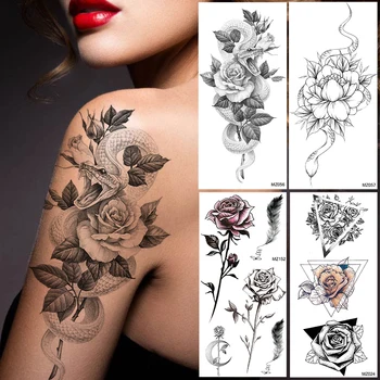

Creative Lotus Snake Temporary Tattoos Sticker For Women 3D Body Art Painting Legs Arm Tatoo Decal Fake Waterproof Black Tattoos