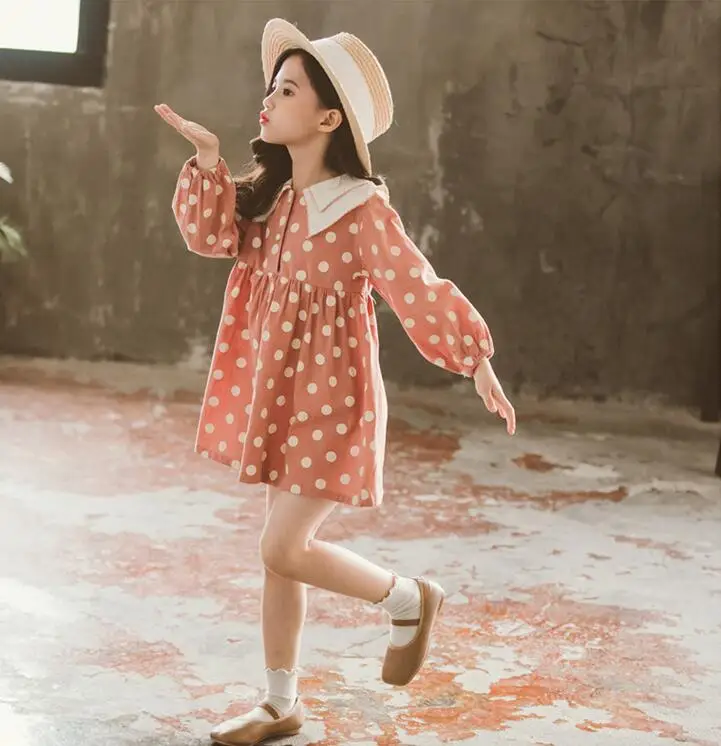 12, 11, весеннее платье для девочек г. Платье в горошек с отворотом для больших девочек новые модные товары, детская одежда размер от 110 до 160 см