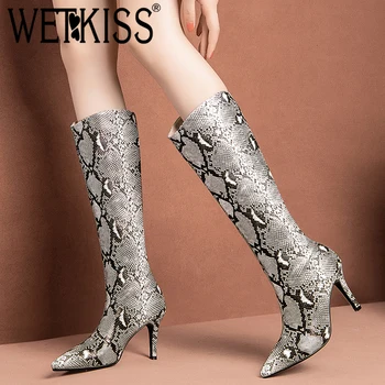 

WETKISS High Heels Boots Women Mid-Calf Boot Female Snake Skin Cow Leather Shoes Ladies Pointed Toe Sexy Shoes Winter 2020 New
