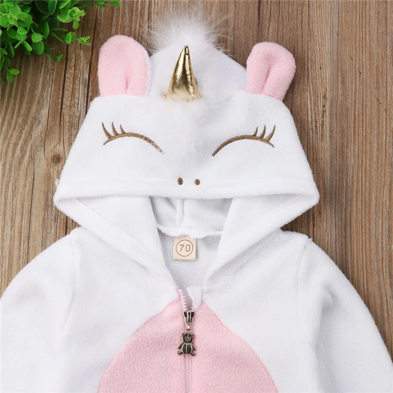 2019 Lovely Newborn Baby Boy Girl Hooded Romper New Winter Cartoon Unicorn Costume Jumpsuit Fleece Outfits s Clothes 0-24 M
