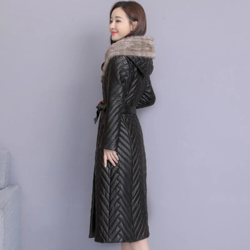 Skup 2019 zimowa skórzana kurtka kobiety owce dół kurtki przynieść Cap Chaqueta Cuero Mujer odchudzanie Dames Jassen zimowa czarna kurtka