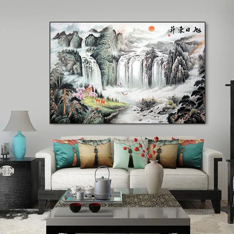 Stile Cinese Rising Sun Mountain Waterfall Landscape Ink Painting Print On Canvas Wall Art Pictrue For Living Room Decor Poster
