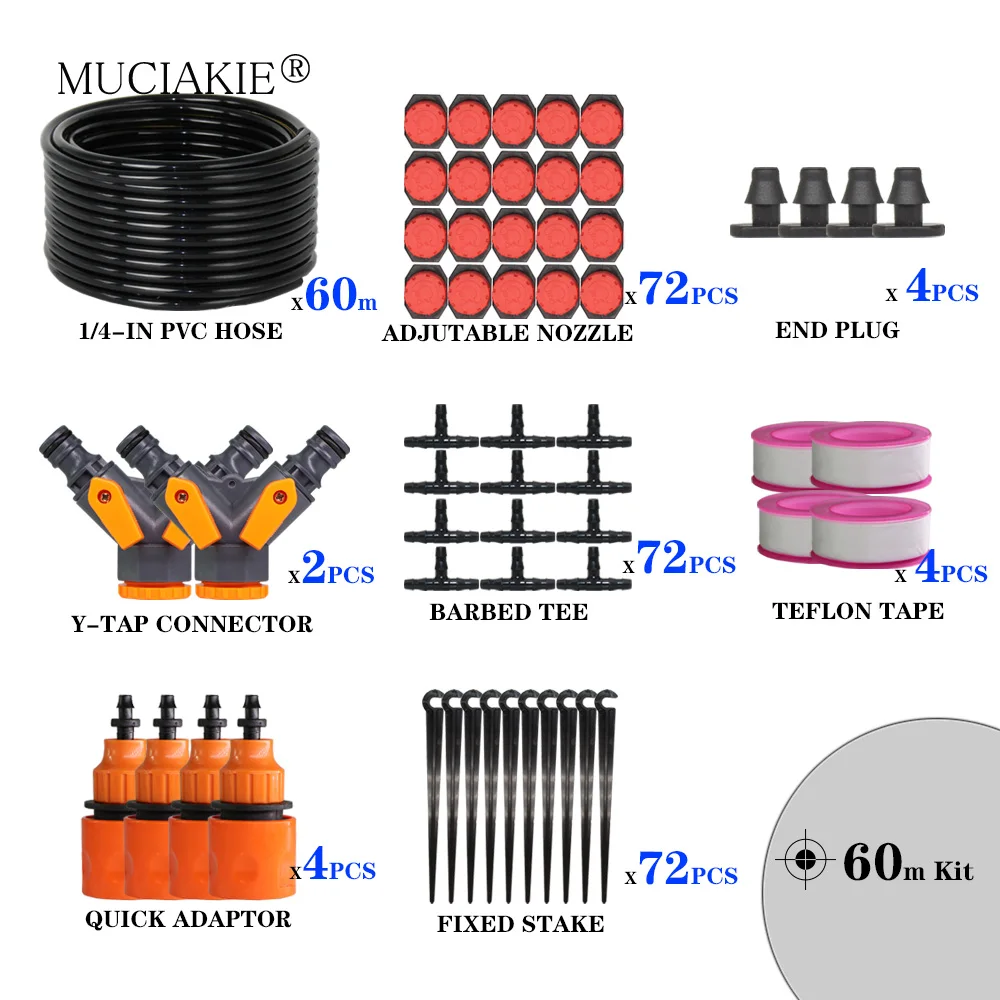 MUCIAKIE 60M Регулируемый садовый для капельного орошения, Системы бонсай для полива 4/7 мм ПВХ лента для шланга разъем капельниц Тройник - Цвет: 60m Kits