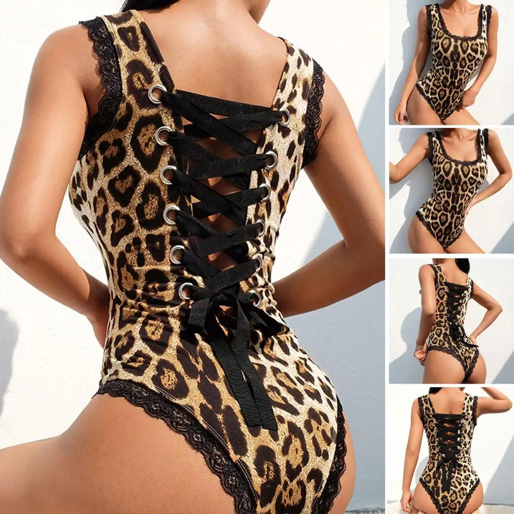 Compra Body Sexy de encaje de leopardo para mujer, Body sin mangas con tirantes y lazo trasero, traje ajustado 9YaLQgebdrM