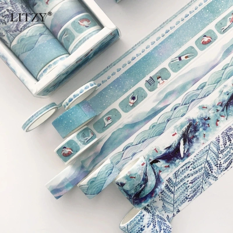 8 Pcs/pack Whale Ocean Journal Washi Tape Set Adhesive DIY Scrapbooking Sticker Label Masking Stationery School Supply | Канцтовары для