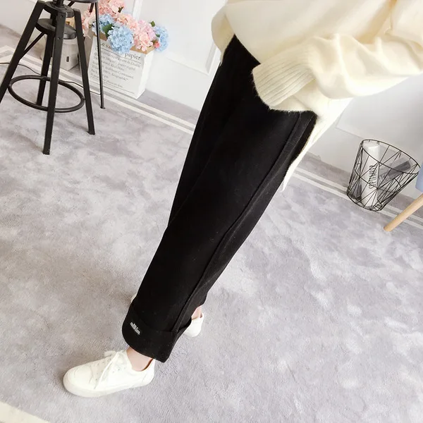 Черные свободные широкие брюки осень зима корейская шерсть прямые брюки теплые толстые повседневные с высокой талией студенческие длинные брюки женские