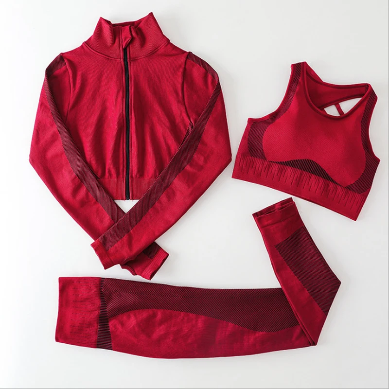 Seamless Women 3PCS Yoga Sets Fitness Sport Yoga Suit Long Sleeve Yoga Clothing Female Sport Gym