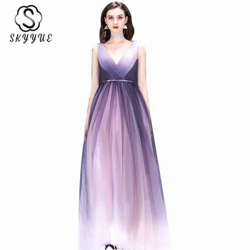 

Evening Gowns for Women Skyyue ER512 A Line Vestido De Festa Longo 2020 Sleeveless Purple Evening Dresses V-neck Robe De Soiree