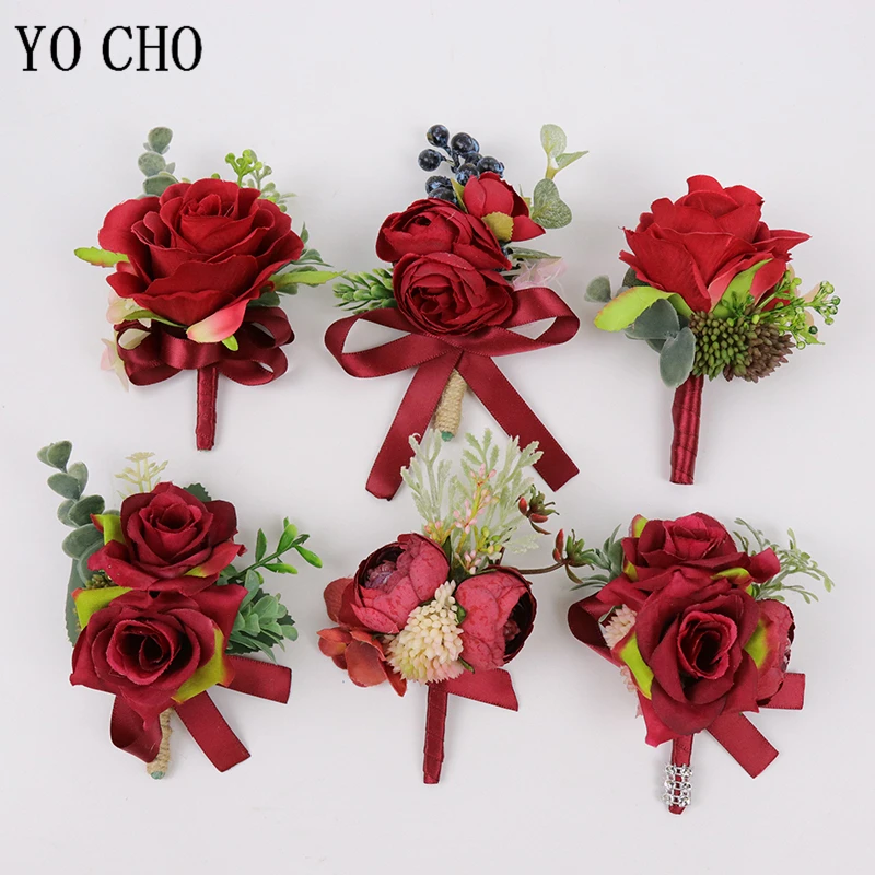 YO CHO Red Boutonniere Wedding Bridesmaid Wrist Corsages High Quality Silk Rose Flower Girl Corsages Prom Artificial Red Flowers