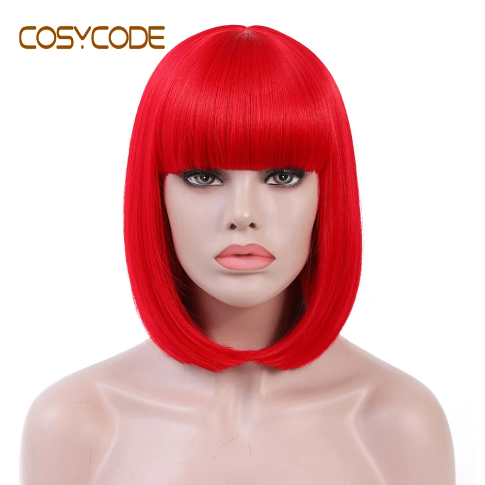 COSYCODE красный боб парик с челкой короткие прямые женские парики некружевные синтетические парики Косплей Костюм 34 см