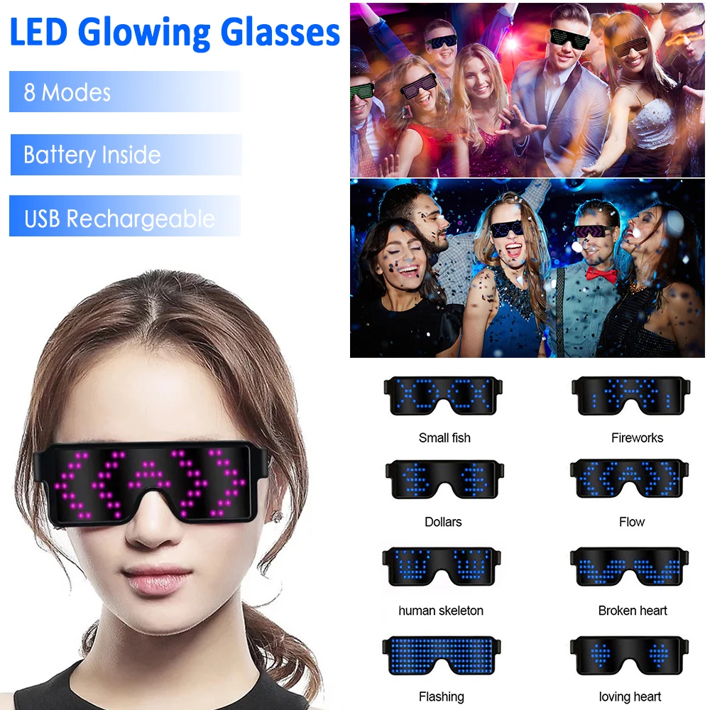 

8 Modes LED Colorful Luminous Glasses Fancy USB Rechargeable Wireless with Flashing LED Display Party Glowing Luminous Glasses