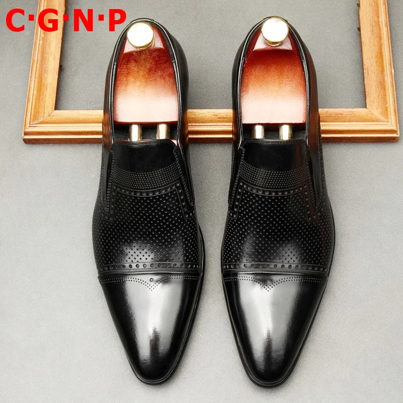 

CÂ·GÂ·NÂ·P Free Shipping Summer Black Genuine Leather Pointed Toe Loafers Men Casual Shoes Breathable Slip On Dress Shoes
