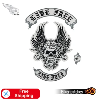 

Live Free Ride Skull Embroidery Patches Big Biker Back MC Motorcycle Patch Iron on for Cloth Leather Vest Rider Stripe Badges