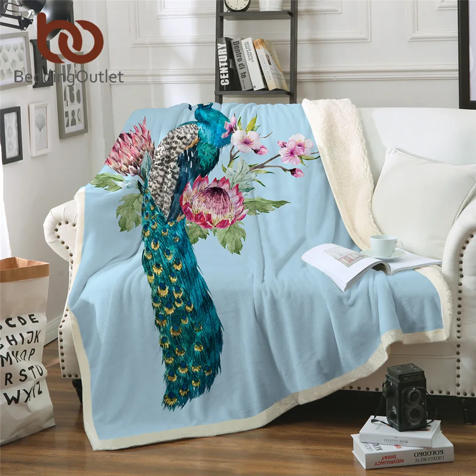 

BeddingOutlet Peacock Bird Blankets For Bed Blooming Sakura Flower Plush Bedspread Watercolor Bedding Magnolia Mantas De Cama