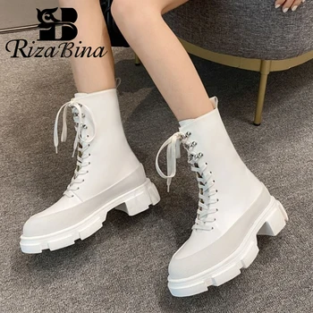 

RIZABINA Women Half Short Boots Real Leather Lace Up Women Winter Autumn Shoes Fashion Winter Shoes Women Footwear Size 34-42