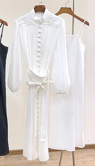 Женское белое/черное/Красное длинное платье в горошек с вышивкой и рукавами-фонариками, сочетающееся с завязками на талии - Цвет: Белый