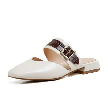 

100% Cow leather low heels summer shoes woman slippers square toe buckle shoes woman Fashion Mules Slipper ladies Shoes