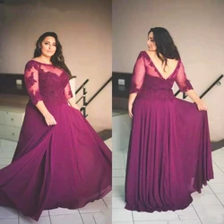 Plus Size Mother of the Bride Dresses V Back Fushcia Lace Chiffon Half Sleeves Evening Prom Gowns Wedding Party Guest