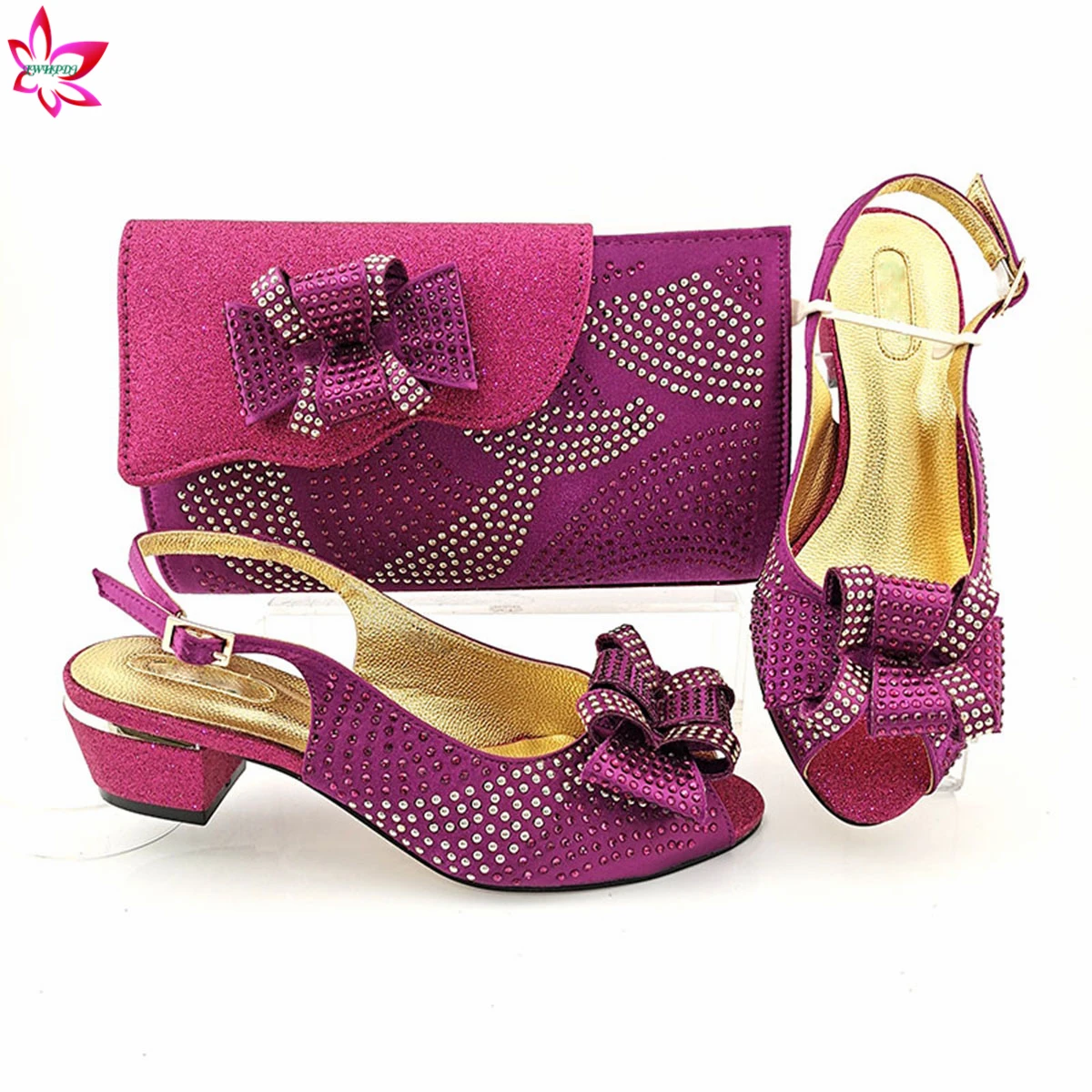 2021 Low Heels Mature Style Italian Women Shoes and Bag Set in Magenta