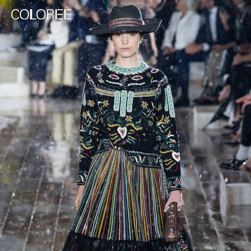 COLOREE роскошный бренд Boho шикарный цветочный свитер с вышивкой женский зимний шерстяной пуловер подиумный свитер джемпер Топ