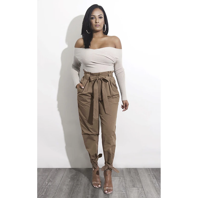 

All-match Solid Pants Woman Bandage Pockets Long Pants Cotton High Waist Corset Casual Trousers Female Streetwear 2020 New