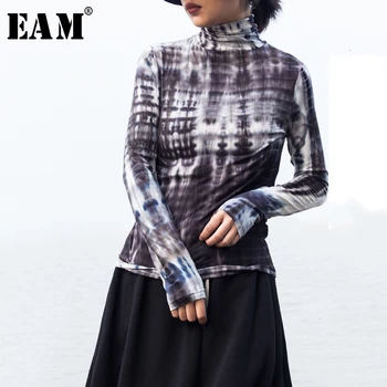 

[EAM] Women Black Print Elastic Temperament T-shirt New Turtleneck Long Sleeve Fashion Tide Spring Autumn 2020 19A-a444