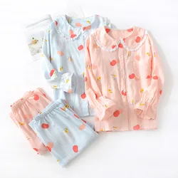 New Spring and Autumn Ladies Cotton Breathable Pajamas Sleep Pants Suit Cute Doll Collar Summer Home Clothes Comfortable Loose