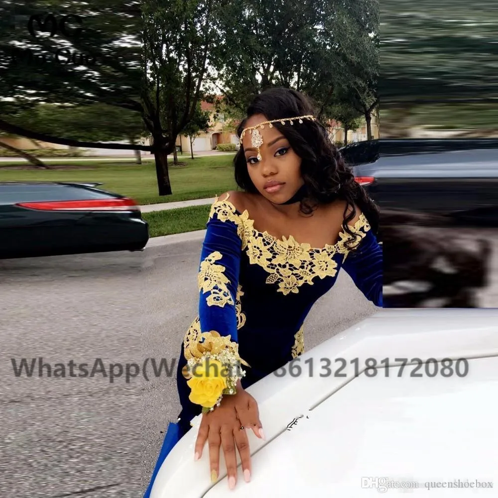 Saudi Arabic Long Sleeves Evening Gowns 2018 Navy Blue Gold Appliques Mermaid Prom Dress Off The Shoulder African Special Occasion Dress (3)