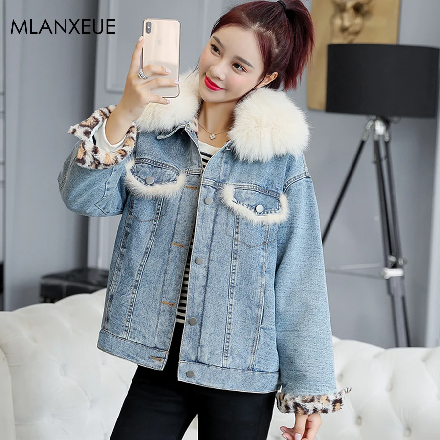 

Thicken Warm Cotton Liner Denim Jacket Women Fur Collar Winter Autumn Bomber Coats Female Plus Size Loose Denim Parka Outerwears