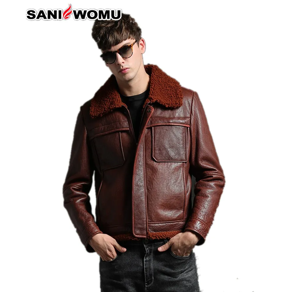 Sani genuine leather coat man male natural sheepskin fur coat Short slim real fur jacket