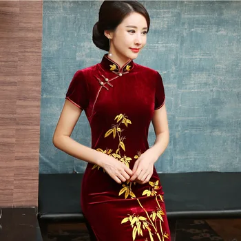 

Embroidery Leaves Lady Chinese Dress Velvet Mandarin Collar Qipao Dress Sexy Cheongsam Evening Gown For Autumn New Vestidos