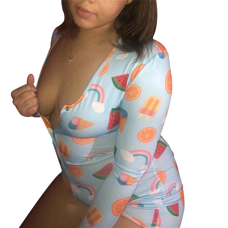 Cartoon Printed Women Bodycon Jumpsuit Rompers Sexy Sleep Wear Long Sleeve V Neck Exotic Bustier Pajamas Cartoon Printed Women Bodycon Jumpsuit Rompers Sexy Sleep Wear Long Sleeve V Neck Exotic Bustier Pajamas