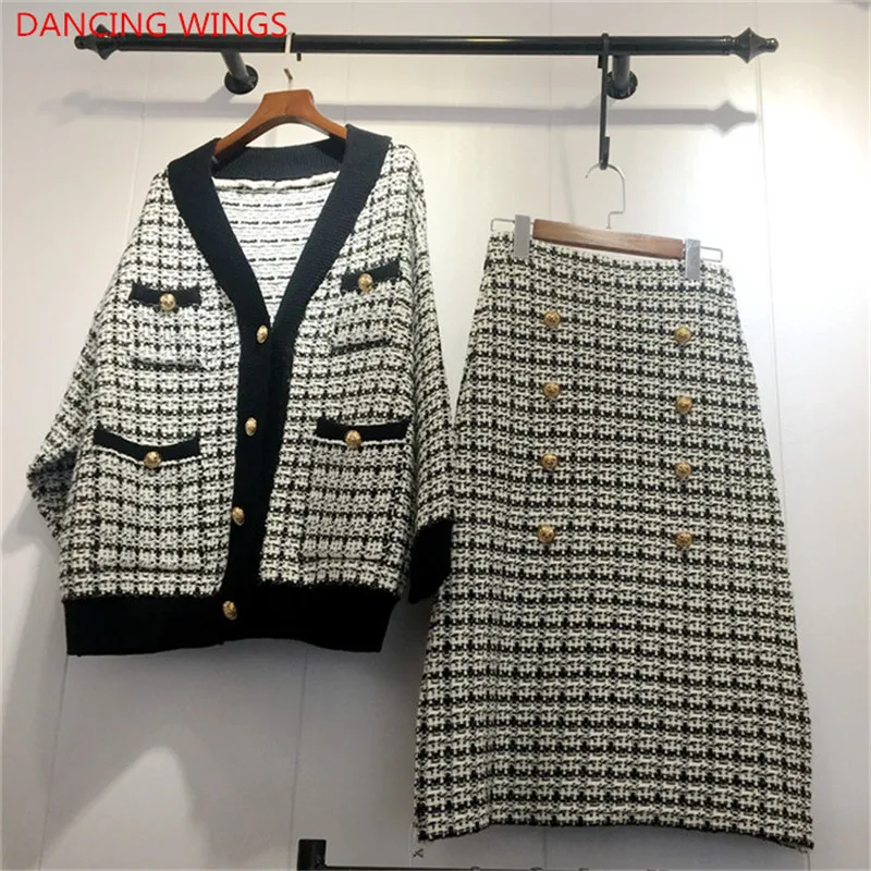 

Autumn Winter Knit 2 Piece Set Women Slim Plaid Loose Sweater Coat And Double-Breasted Midi Skirt Suit