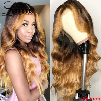 

Body Wave Honey Blonde Brown Ombre Human Hair Wig Brazilian Remy Closure Wig #27 Colored 360 Lace Frontal Wig Pre Plucked