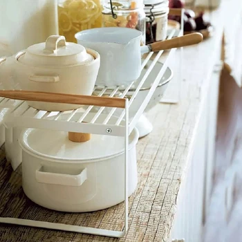 

Hot Kitchen Storage Shelf Organizer Expandable Kitchen Cabinet and Counter Shelf Wooden Handle Multifunctional Organization Rack