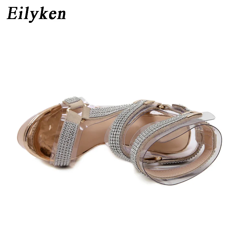 Eilyken Fashion Platform Crystal Ankle Transparent Strap Women Sandals Summer Open Toed Metal Buckle Nightclub High Heels Shoes