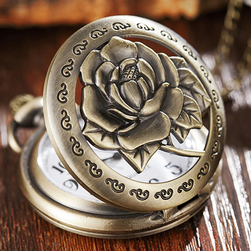 Flower Rose Pocket Watch Fob Clock with Chain Blossom Engraved Clock Men Blossom Bronze Case Watch Vintage Watches for Men Women