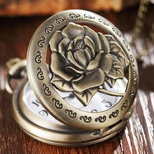 Flower Rose Pocket Watch Fob Clock with Chain Blossom Engraved Clock Men Blossom Bronze Case Watch Vintage Watches for Men Women