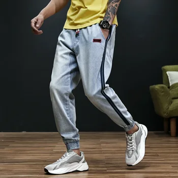 

#2149 Spring Casual Stretch Jeans Men Side Striped Streetwear Jean Homme Elastic Waist Blue Biker Denim Man Jeans Elastic Waist
