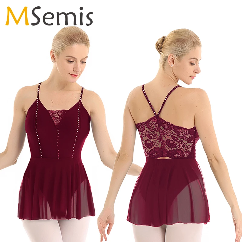 

Женское балетное танцевальное трико, платье на бретельках, блестящие стразы, кружевное трико на спине, боди, танцевальный костюм для женщин