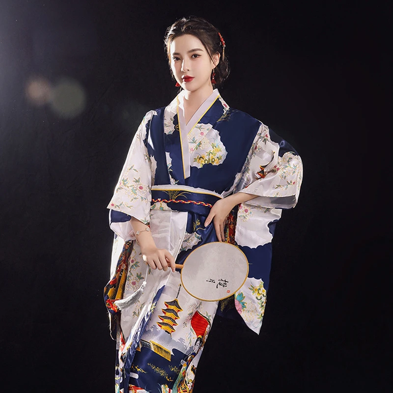 Kimono Yukata Notte Blu Scuro Raso Taglia Unica R40O 