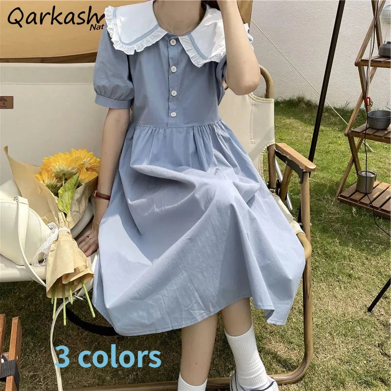 Dress Women Peter Pan Collar Midi 3 Colors Preppy Puff Sleeve College Retro Lovely Sweet Girls Holiday Soft Design Sundress Ins