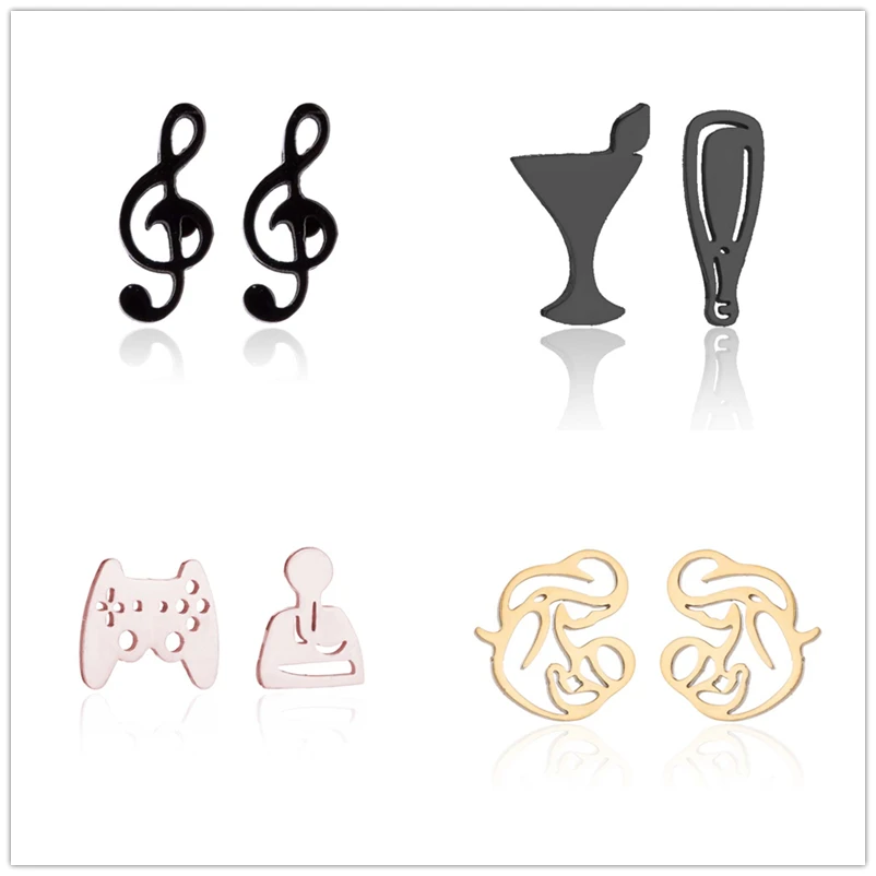 Oly2u Punk Night Bar Wine Cup&Music Note Earings Stainless Steel Funny Game Pad Studs Earrings for Women Kids Accessories