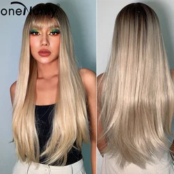 oneNonly Blonde Wig Natural Hair Long Straight Synthetic Wigs with Bangs Cosplay Daily Party Heat Resistant