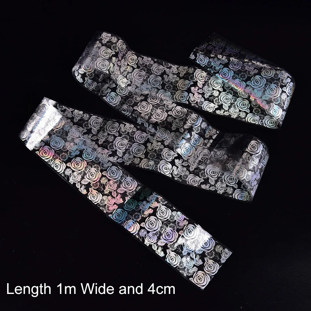 Hot Sell 1 Roll Reflective Nails Foil Transfer Stickers Laser Rose Flower Design Manicure Decals For Nail Art Decoration 4*100cm