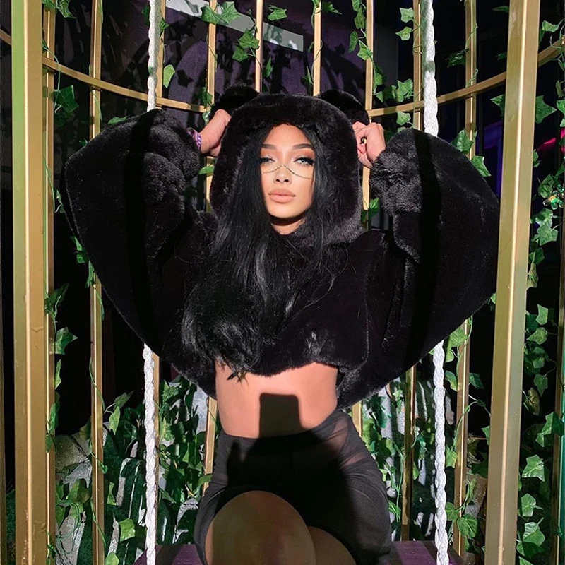 Najtaniej Darlingaga moda Faux futro zimowe bluzy kobiety Teddy Fuzzy sweter jednokolorowy ciepły śliczne Crop bluza z kapturem królik bluza ubrania