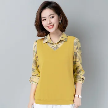 

Spring and autumn new style commuter top women's Korean fashion fake two Lapel T-shirt loose and comfortable T-shirt
