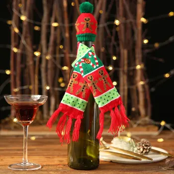 

New Christmas Santa Claus Wine Bottle Cover Supplies Non-woven Fabrics Hat Scarf Set For Home Table Christmas Party Decorations